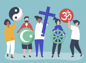 People holding diverse religious symbols illustration